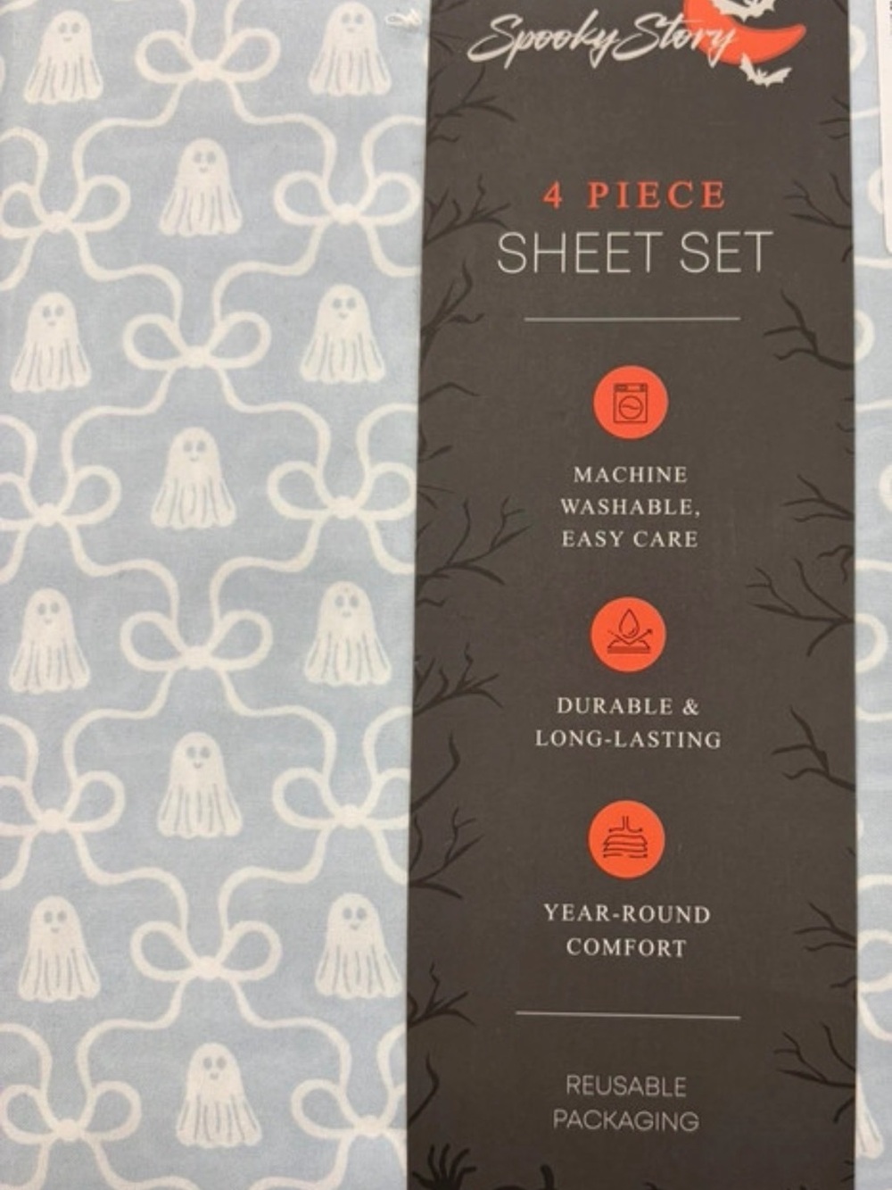 Full Sheet Set in Light Blue Ghost Bows Print NWT Viral Halloween - Picture 3 of 3